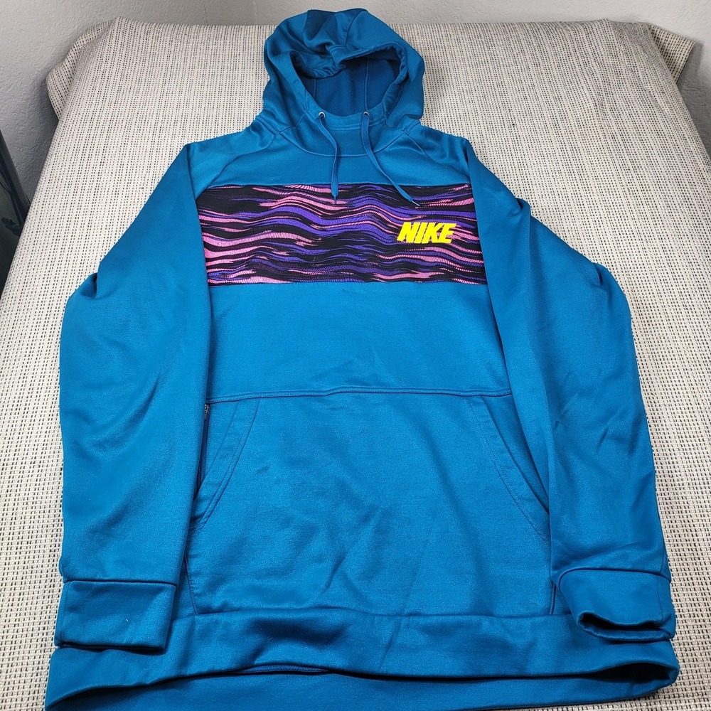 Nike Dri-FIT Hoodie Mens XL Blue Fleece Pullover Graphic Wave Logo Sweatshirt